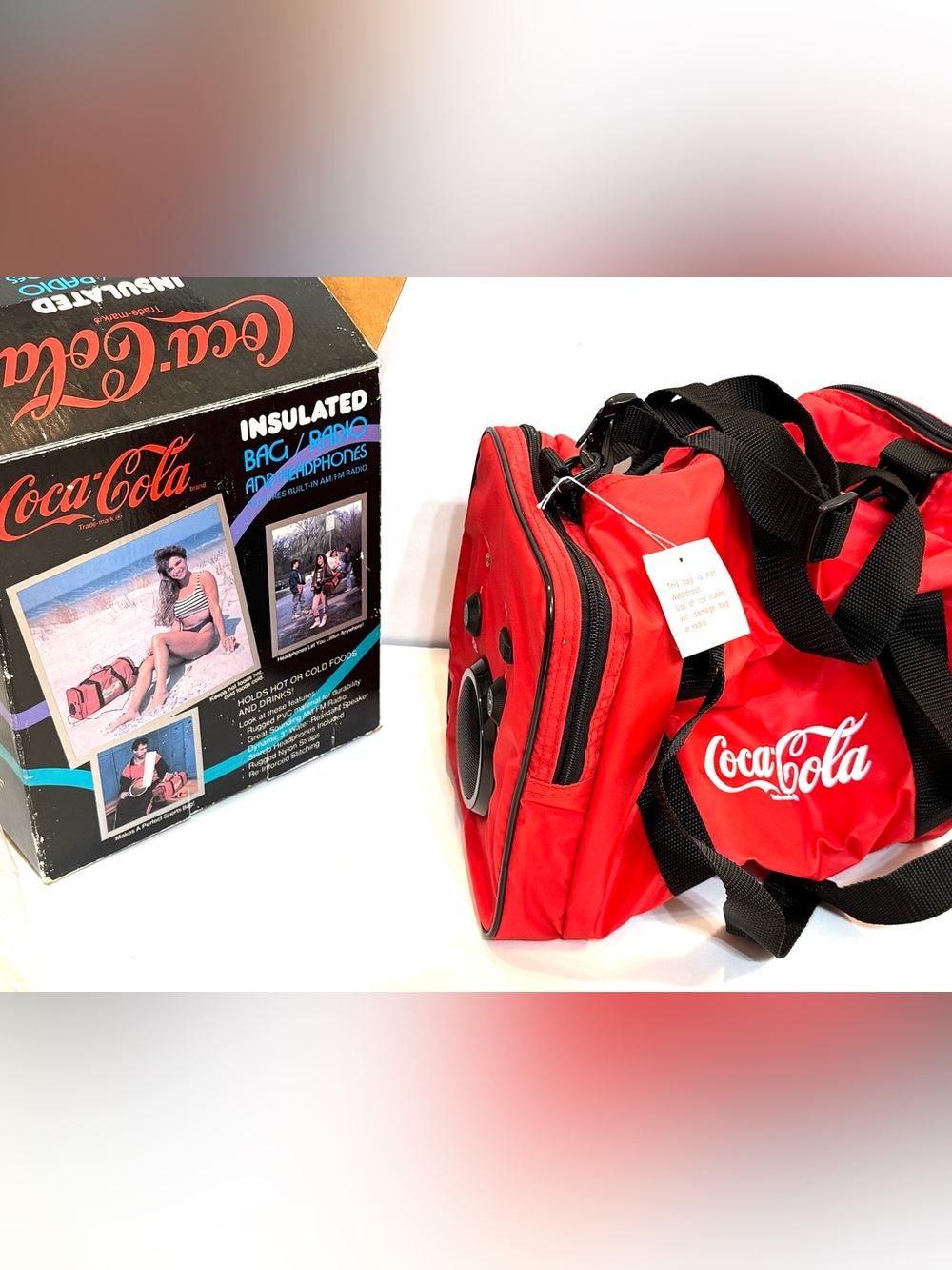 NOB VTG 1989 Coca-Cola Insulated Bag/Cooler built-in AM/FM Radio W/BOX Headphone